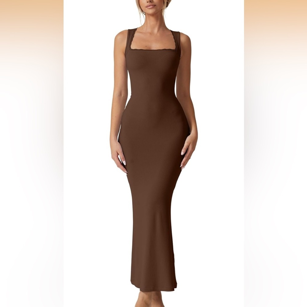 Women's Square Neck Long Maxi Dress Sleeveless Lounge Ribbed Full Length NWT L